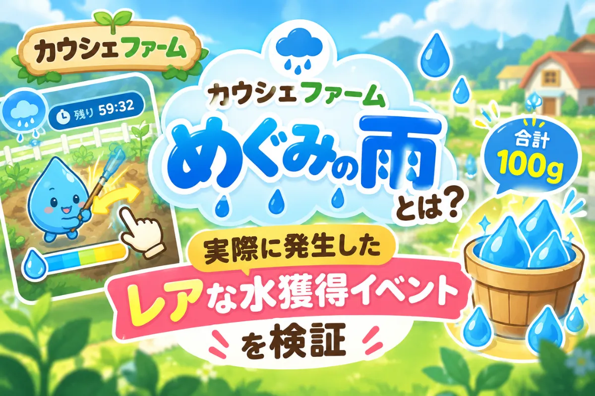 カウシェファーム「めぐみの雨」とは?実際に発生したレアな雨乞い水獲得イベントを検証!